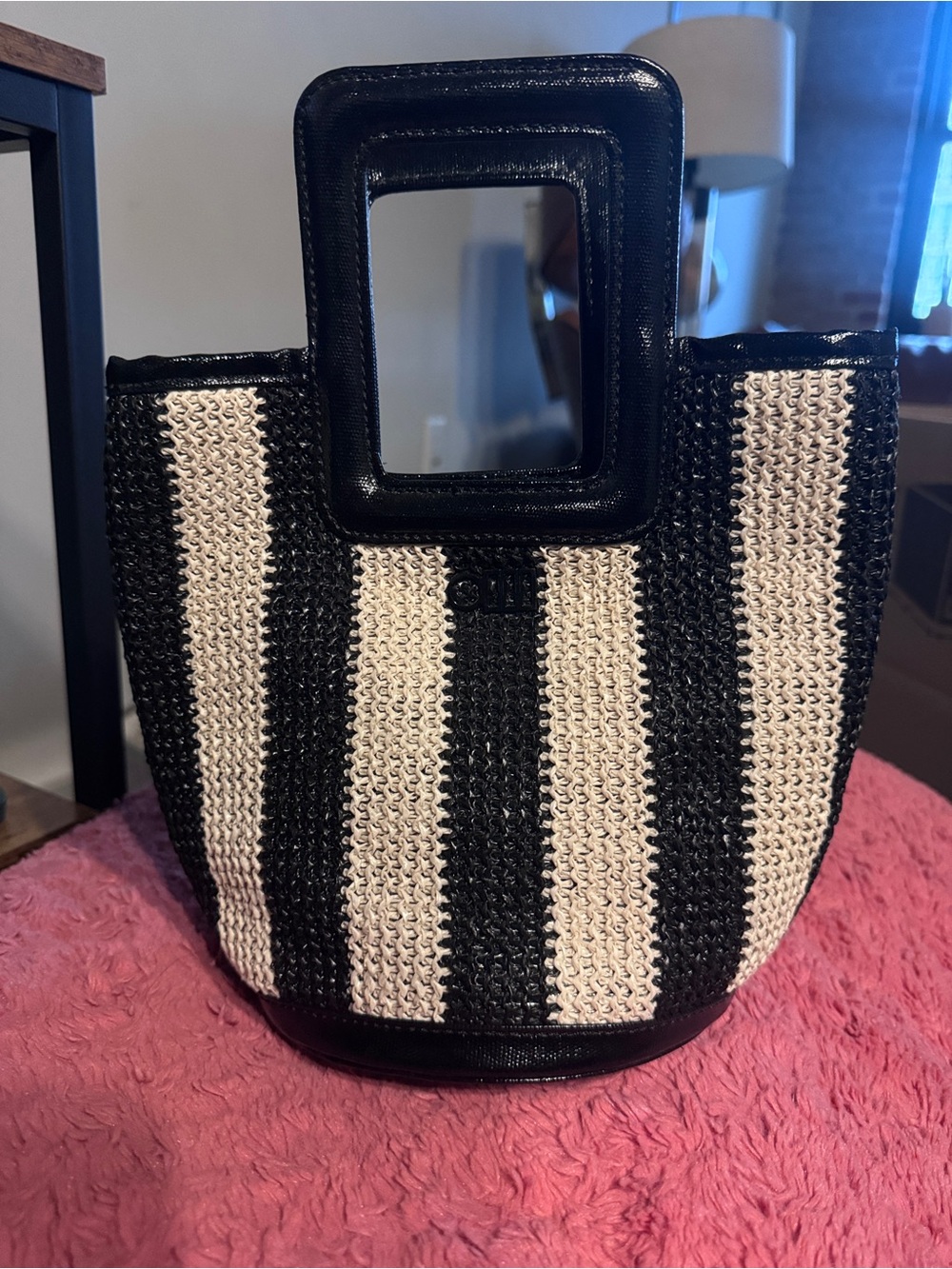 Solid & Striped Black and Cream Striped Woven Tote Bag with Square Handles